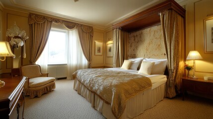 Elegant and Luxurious Hotel Suite with Four-Poster Bed and Plush Furnishings