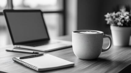Perfect Cup of Coffee on a Wooden Table Beside a Laptop and Notepad in a Cozy Workspace During the Morning Hours