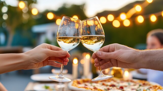 Hands holding glasses of white wine making a toast during a romantic outdoor dinner party