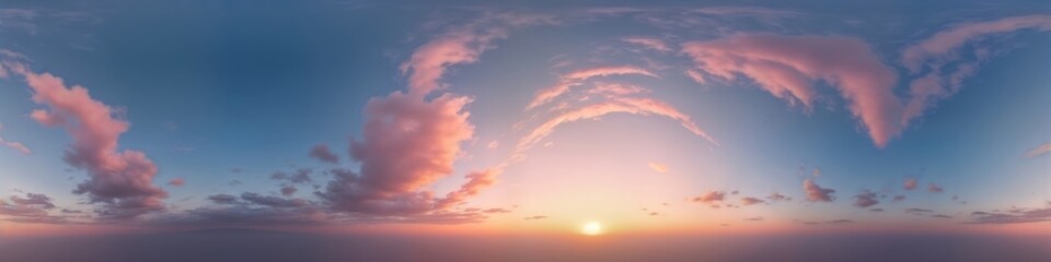 Fototapeta premium Stunning sunset sky panorama. Beautiful cloudscape with vibrant pink cirrus clouds against dark blue twilight sky. Amazing view of sunset colors. Seamless, complete 360 degree view. Ideal for sky