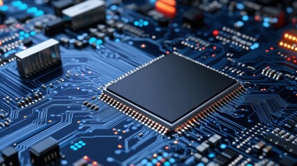 Close-Up of a Modern Computer Microchip on a Circuit Board with Colorful LED Lights and Complex Design