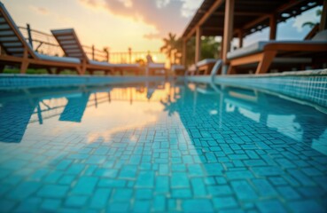 Obraz premium Top view of clear swimming pool with tiled bottom. Sunset sky visible through water. Poolside sun loungers reflected in water. Tranquil scene evokes vacation relaxation, escape. Beautiful resort