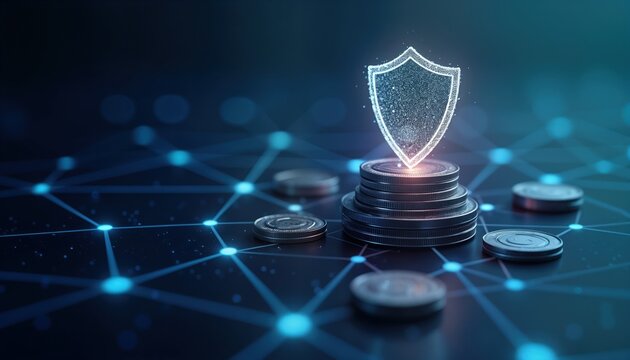 Stack of silver coins protected by digital shield on dark blue background. Network of glowing blue lines connects coins, shield. Futuristic tech illustration suggests financial security, digital