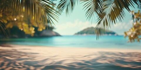 Fototapeta premium Imagine a tranquil tropical beach with lush greenery and crystal clear waters, inviting you on a sunny day, perfect for relaxation and scenic enjoyment without a care in the world