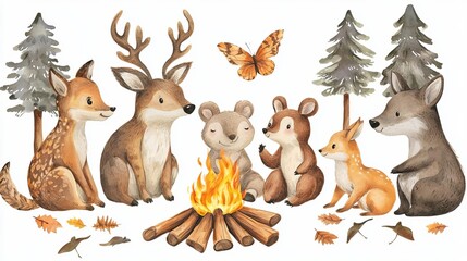 Obraz premium International Childrens Book Day Fairy Tales Adorable animals gathered around a cozy campfire.