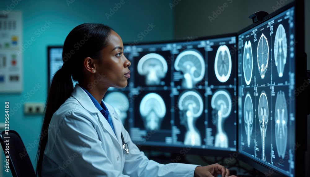 Aufkleber Female neurologist focuses on MRI scan images on multiple computer screens. Analyzes brain scans to develop treatment for sick patient. Modern medical tech for diagnostics, treatment evident.
