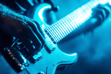 Performing electric guitar solo during a vibrant concert with blue lighting effects