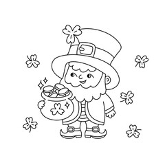 Cute leprechaun holding pot of gold. Shamrocks St Patricks Day symbol. Vector doodle illustration. Irish folklore objects isolated. Patricks Day March 17 coloring page, design elements