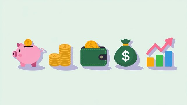 Colorful illustration showcasing financial themes including a piggy bank, coins, a wallet, a money bag, and growth charts.