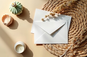 Minimalist aesthetic design with empty envelope, dry floral branch on beige background. Flat lay mockup for wedding invitation business card template. Modern, clean layout. Natural, neutral colors