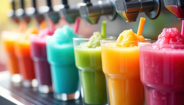 Colorful fruit slushies smoothies dispensed from machine into glasses. Variety of vibrant drinks showcased in multi-colored containers. Drinks likely made from crushed blended fruit. Refreshing