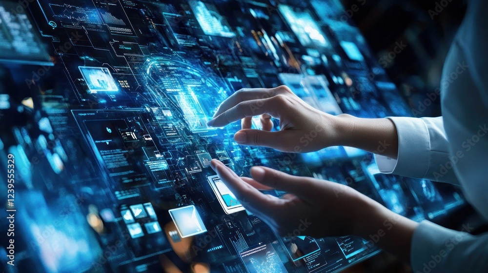 Poster hands interacting with an advanced touch screen displaying complex data and analytics