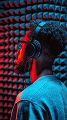 Obraz premium Music creation session with colorful lighting in a soundproof studio featuring a listening musician