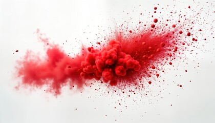 Red powder explodes in vibrant display against plain white background. Colorful particles fly in directions creating abstract pattern. Dynamic image offers textured, dynamic effect. Isolated vibrant
