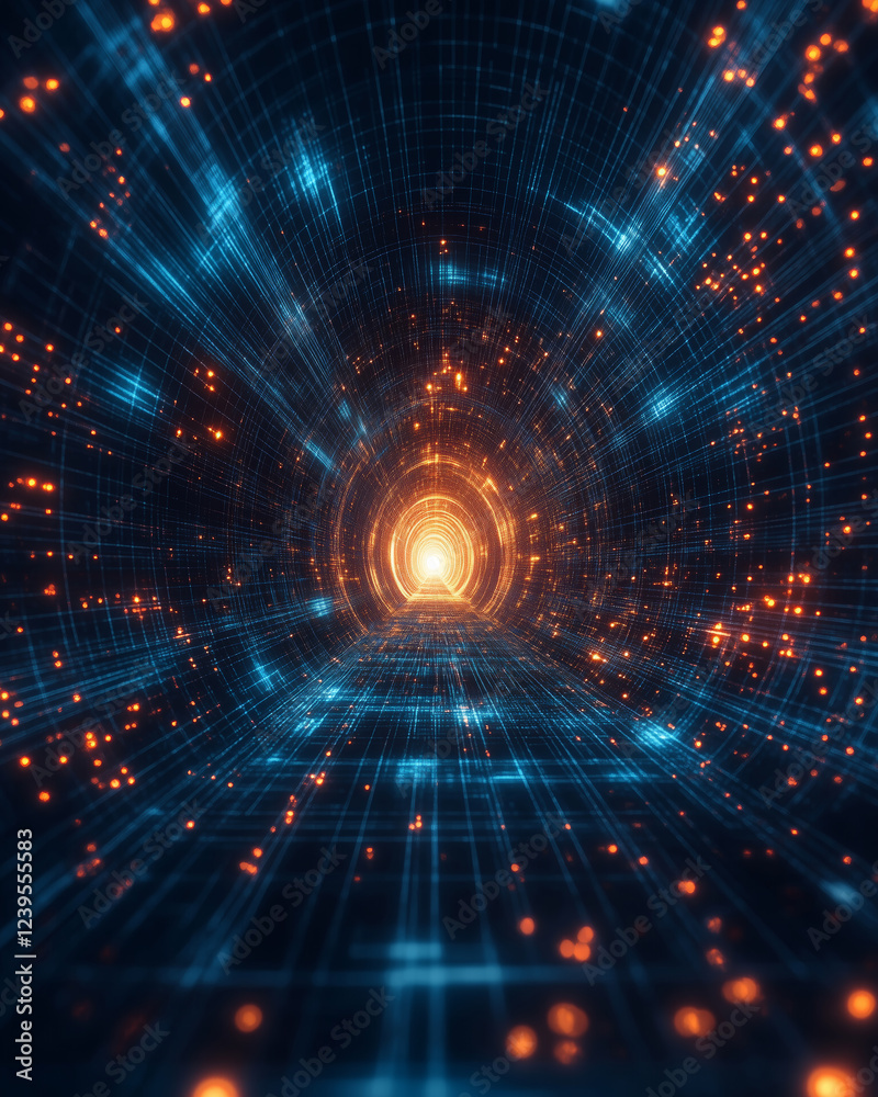 Poster Digital wireframe tunnel with glowing lines and vibrant particles in motion