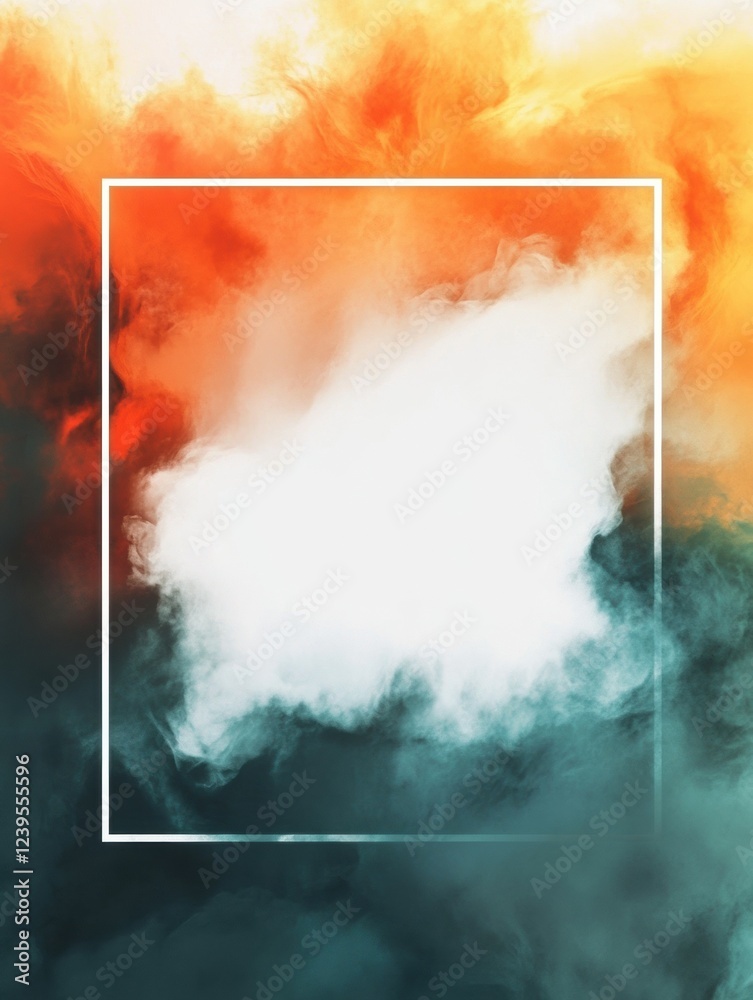 Poster colorful smoky abstract background with a white square in the center, perfect for creative design. g