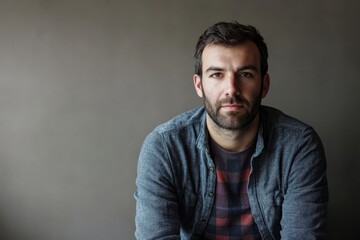 Obraz premium Portrait of a Thoughtful Man with a Beard Against a Neutral Background