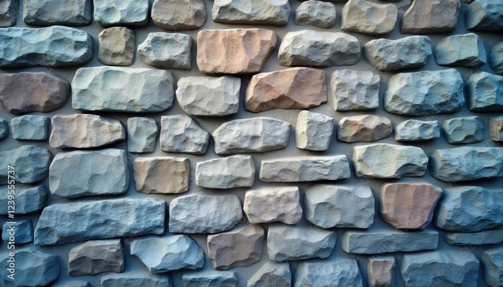 Poster Closeup view of stone wall texture. Gray background with mix of light, dark gray, beige stones. Rough uneven surface. Abstract pattern in stones. Ideal for architectural design projects nature