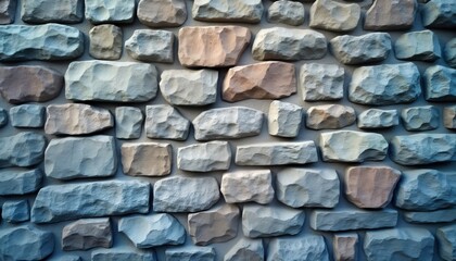 Fototapeta premium Closeup view of stone wall texture. Gray background with mix of light, dark gray, beige stones. Rough uneven surface. Abstract pattern in stones. Ideal for architectural design projects nature