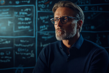 Thoughtful man reflected on ideas in front of a chalkboard filled with mathematical equations and diagrams during a late evening session
