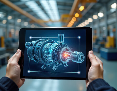 Person uses tablet showing augmented reality view of machine parts. Tech expert inspects machine design on digital tablet. Smart factory maintenance. Modern industrial 4. 0 tech. Advanced