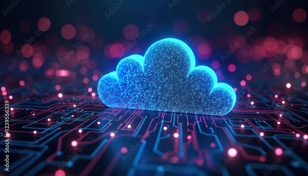 Fototapete digital cloud computing concept. abstract glowing cloud icon rests on circuit board. shows data stor