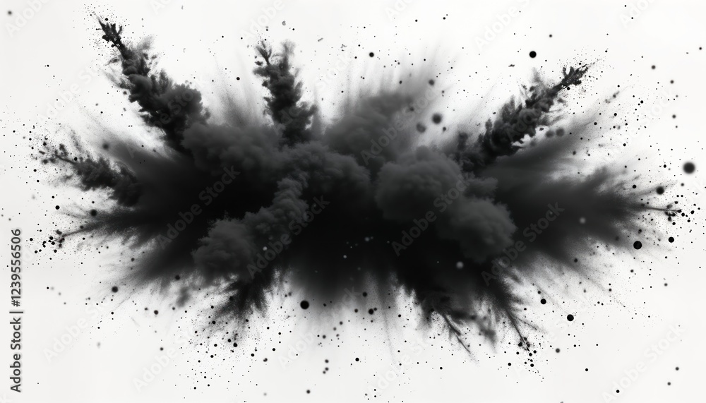 Aufkleber Abstract illustration of black dust explosion on a white background. Dark powder particles explode and scatter in various directions. Powerful visual effect. Suitable for many design projects.
