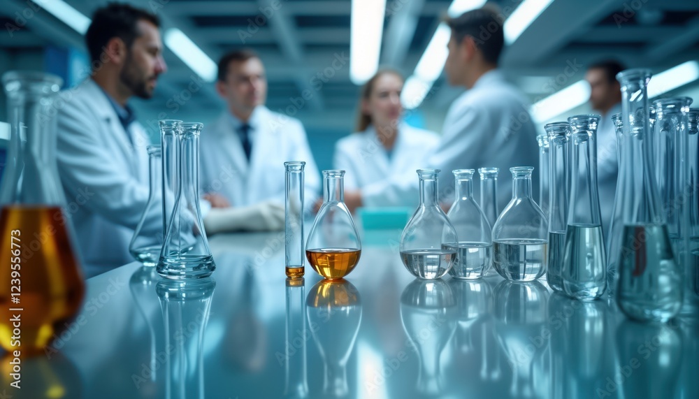 Poster health care researchers gather in lab. group of scientists conduct experiments. use various lab equi
