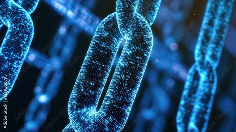 Poster digital chain concept representing blockchain technology with blue glowing data links