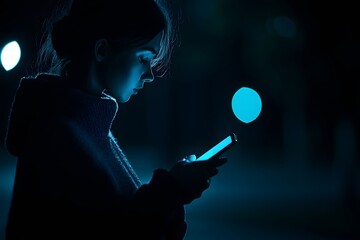 Young Woman Using Smartphone at Night Urban Scene Blue Light