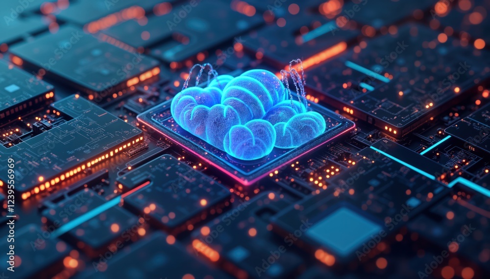Poster Futuristic tech illustration shows cloud computing system on computer circuit board. Digital data streams connect cloud to server racks. Modern tech infrastructure depicted in 3D style. Illustrates