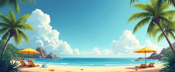 A stunning tropical beach scene features bright orange sun loungers under cheerful yellow umbrellas, framed by lush palm trees. The serene turquoise waters and fluffy white clouds create a perfect