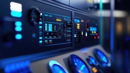 Naklejka premium A closeup of a control panel filled with digital interfaces and dials monitoring parameters like temperature and pressure in a cleanroom environment illustrating the meticulous conditions