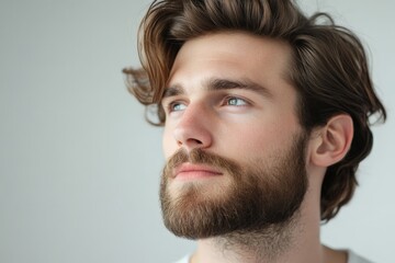 Obraz premium Thoughtful Young Man with Stylish Hair and Beard Against a Soft Background