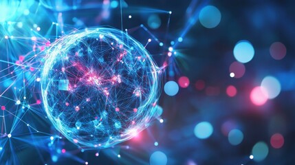 Obraz premium Abstract network sphere with glowing connections and bokeh lights background