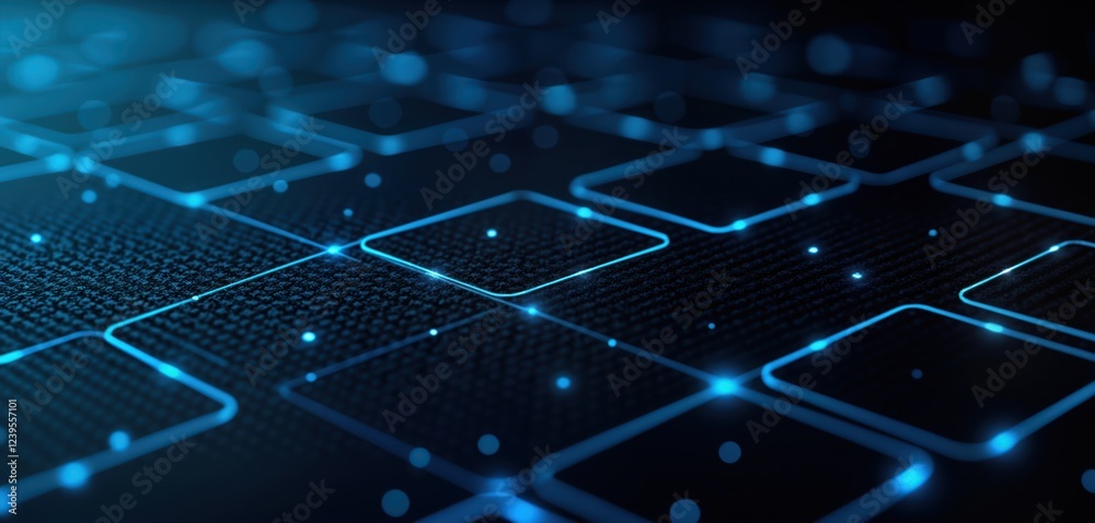 Leinwandbilder Abstract tech background design. Dark blue neon light pattern with black square shapes. Geometric digital grid lines. Modern bright illustration. Abstract pattern. Creative graphic. Stylish tech
