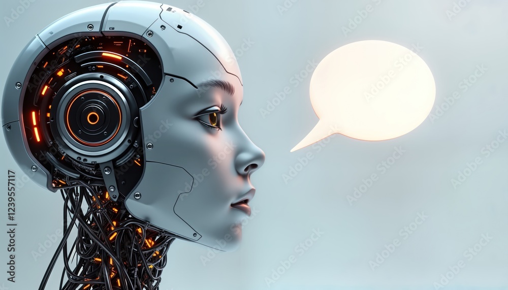 Aufkleber Futuristic asexual robot head with speech bubble. Wireframe style android head shows tech concept of AI communication. Modern robotic design with low-poly details. Potential use in AI chatbot