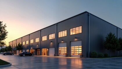 Modern warehouse exterior at sunset. Sleek grey metal cladding. Large garage doors. Industrial building with parking area. Suitable for storage commercial cargo services, business. Exterior view of