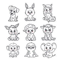 Set of cartoon cute animals including puppy, dog, penguin, monkey, donkey, lumb, sheep, cow and elephant, bunny, rabbit, horse. Funny animals for magazines, postcards, cards. Vector illustration