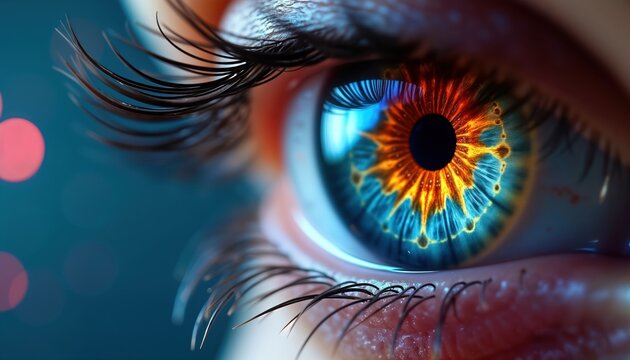 Closeup vibrant eye colourful future vision. Intense reflections symbolize multiverse reflections. Eye captures abstract, colorful design. Dreamy glimpse into future. Futuristic colors. Eye mirrored
