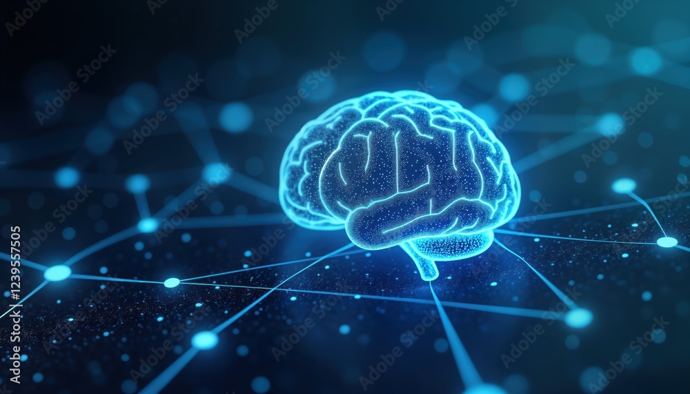 Aufkleber abstract digital brain model shows neural network connections. blue background creates futuristic co