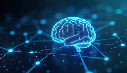 Fototapeta premium Abstract digital brain model shows neural network connections. Blue background creates futuristic concept. Sophisticated tech design highlights AI, virtual cognition. Tech concept represents