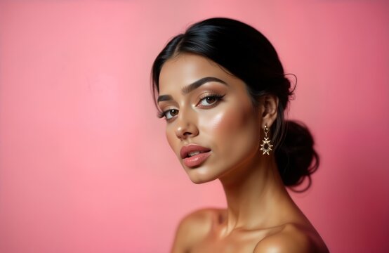 Beautiful Indian woman with stylish makeup, trendy hairstyle poses against vibrant pink background. Attractive young lady with flawless skin, brown eyeshadow, pastel pink lips. Studio shot features
