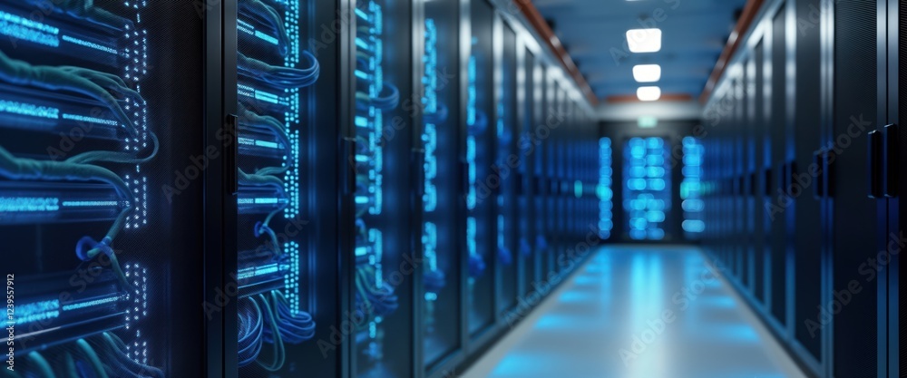 Aufkleber Modern server room. Rows of computer racks with glowing blue cables. Data center interior. Advanced tech infrastructure. Digital communication hub. Futuristic tech office space. High-tech equipment.