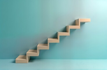 Beige stairway steps ascend against pastel blue background. Modern design concept for career growth, success. Abstract image for business motivational purposes. Upward path to achievement. Minimalist
