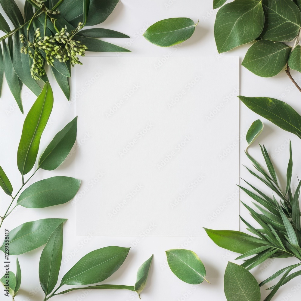 Poster fresh green leaves surround a blank sheet of paper on a light background for creative design and ins