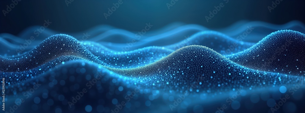 Poster abstract tech wave pattern in blue. digital design with flowing lines, dots. dynamic abstract illust