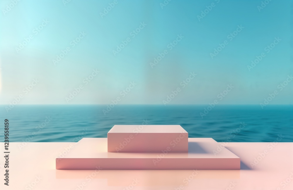 Poster minimalist product display platform against calm sea, sky background. pastel shades create serene mo