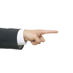 Obraz premium A businessman gestures with a pointed finger, expressing direction or emphasis on an important point, isolated on white background.