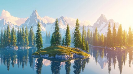 International Childrens Book Day Fairy Tales Serene mountain lake with vibrant pine trees.